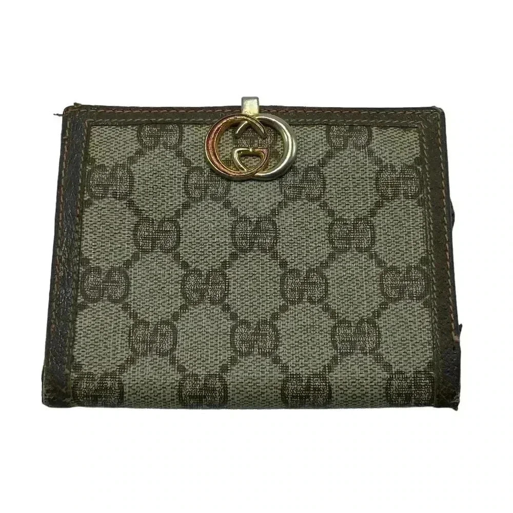 Gucci Beige Brown Monogram Bifold Wallet with Gold GG Logo